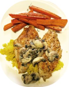 4 oz. baked fish with mushroom butter sauce (0 carb), ½ cup barley cooked with turmeric for color (22gm carb), ½ cup roasted carrots 