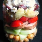 chick peas, cucumbers,tomatoes layered in jar