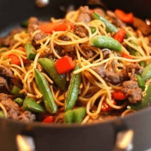 Quick Beef Lo Mein close up in wok