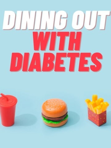 fast food hamburger, french fries and drink with blue background and text dining out with diabetes