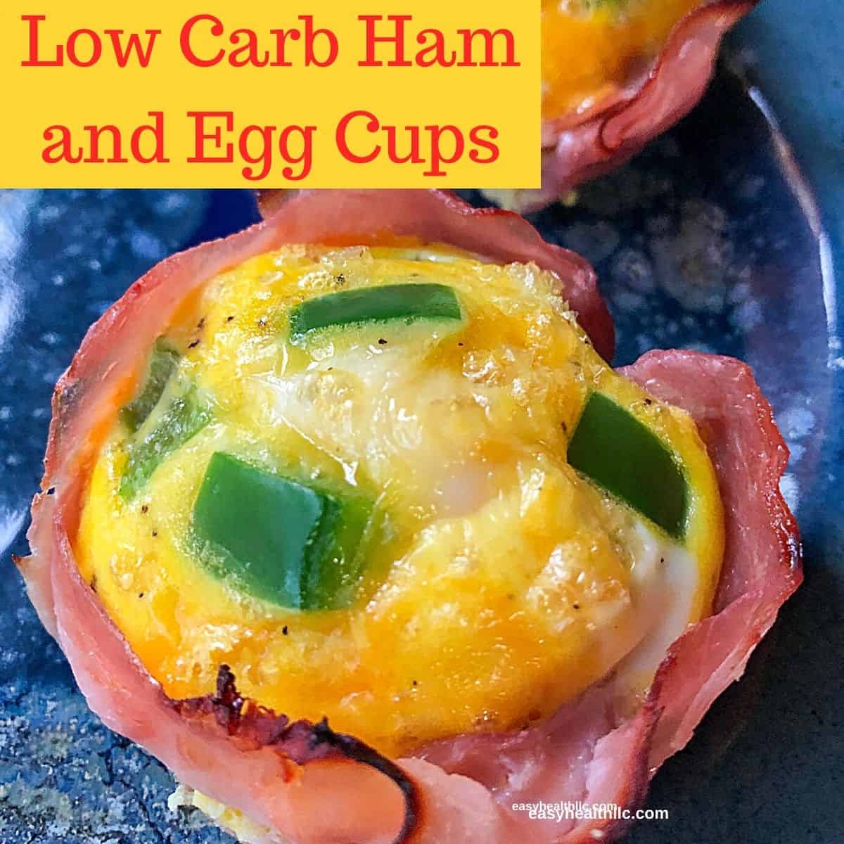 ham and egg cup on blue plate with graphic