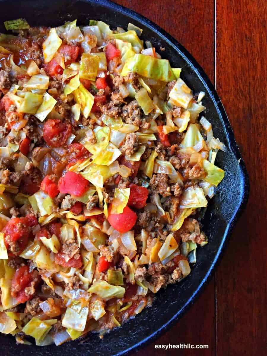 Skillet Unstuffed Cabbage Roll mixture in black skillet