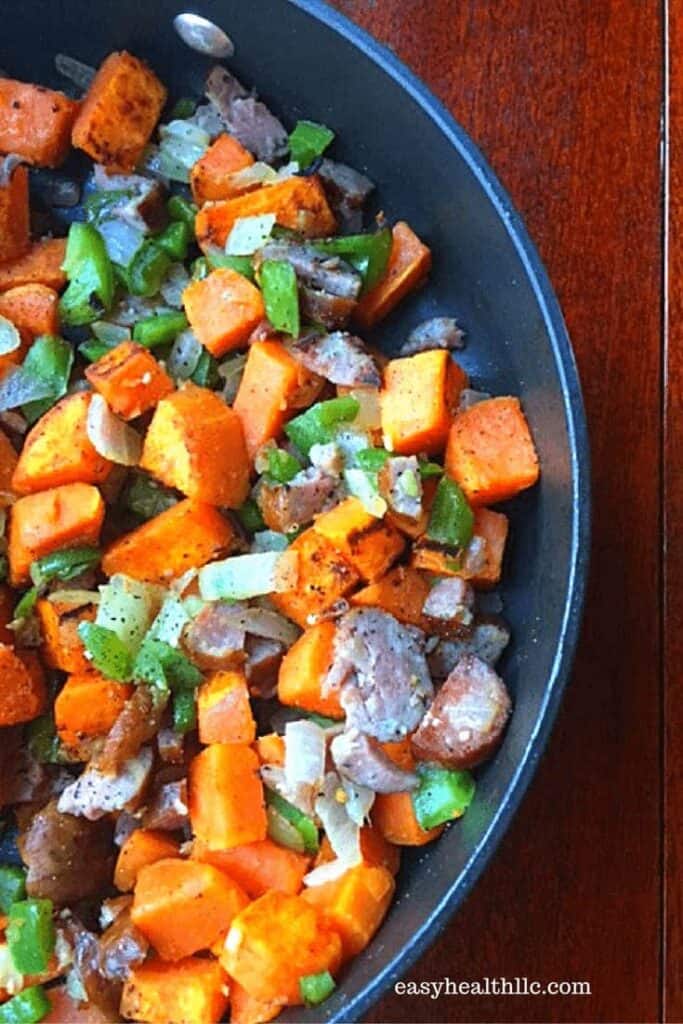 sweet potato hash- filled with peppers, onions and smoked sausage