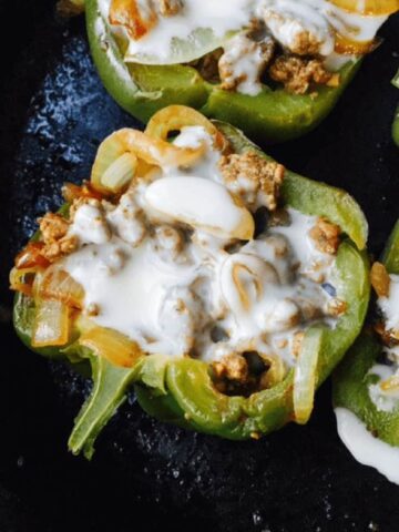 philly cheesesteak stuffed peppers] close up