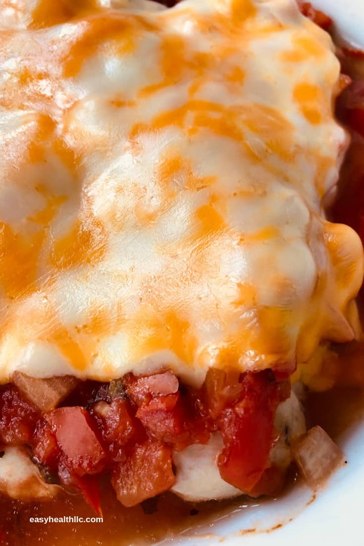 closeup of chicken breast covered in salsa and melted cheese