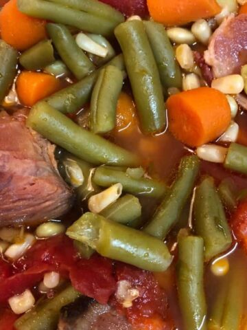 ham chunk with carrots, tomatoes and green beans in soup