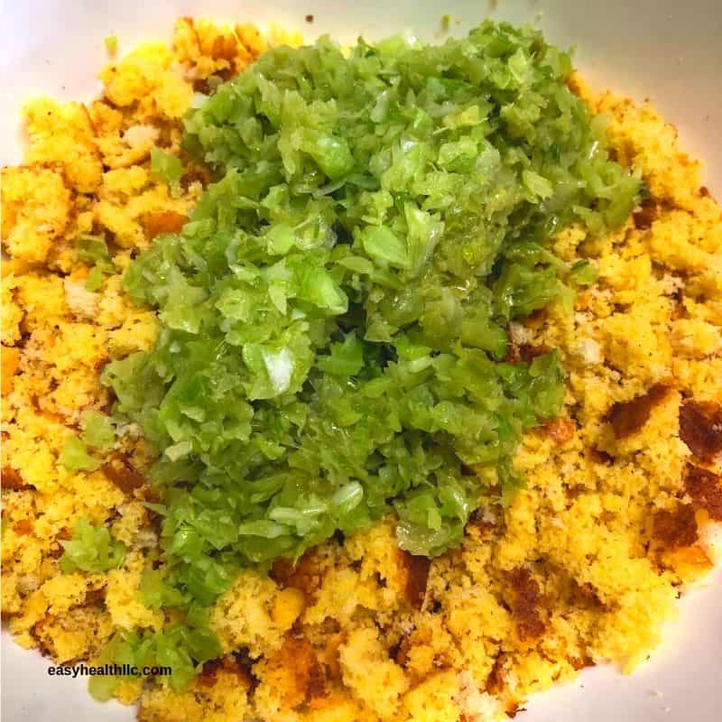 diced celery and onion in cornbread mixture