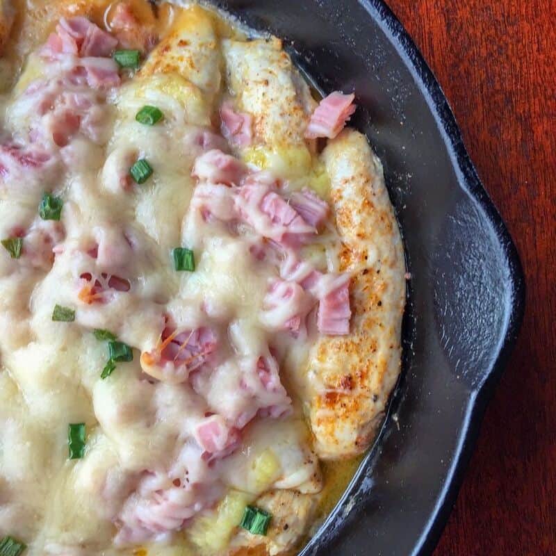chicken ham and cheese in cast iron skillet