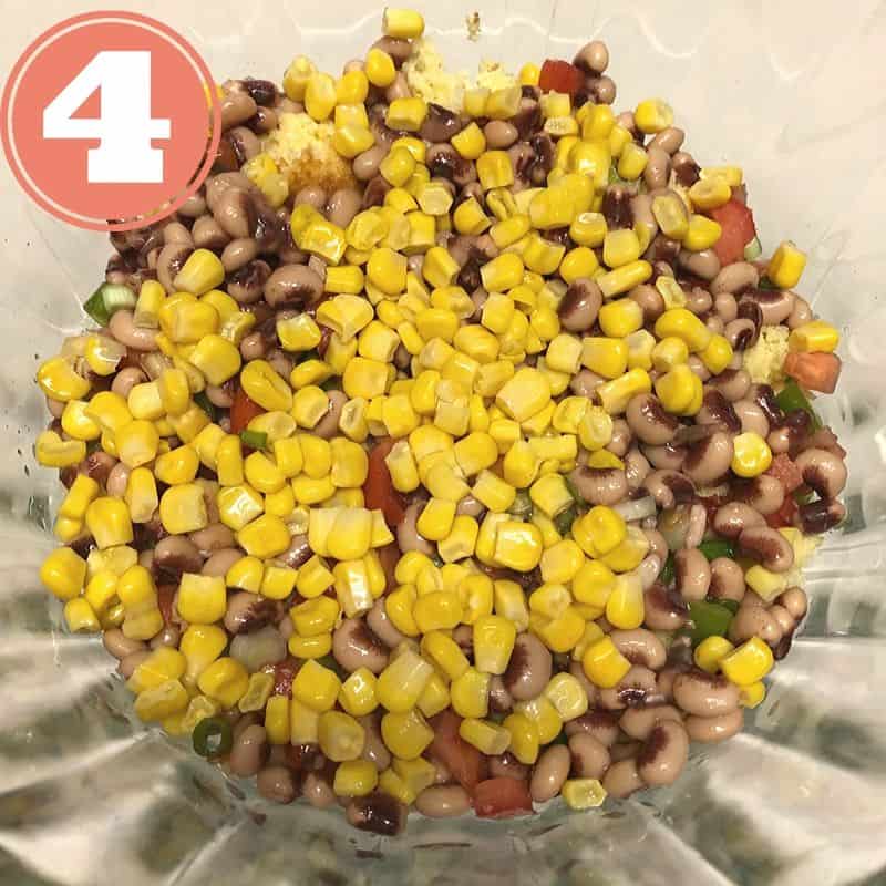 peas, corn and cornbread in bowl