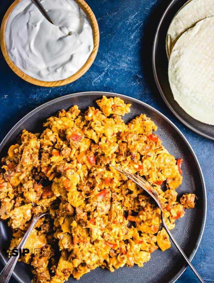 chorizo and eggs in skillet