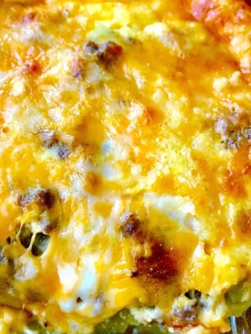 chile rellenos casserole with golden brown cheese on top