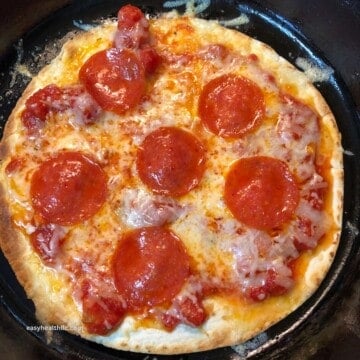 Diabetic friendly pizza with turkey pepperoni on top.