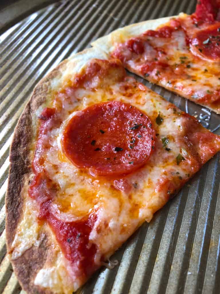 low carb pizza slice on pan