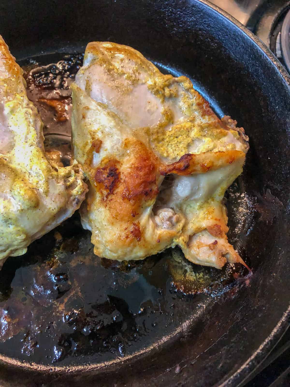 browned greek yogurt chicken in skillet