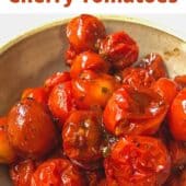 roasted cherry tomatoes in bowl with text