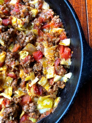 cabbage roll mixture in black skillet