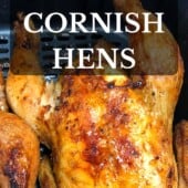 golden brown cornish hens with text graphic