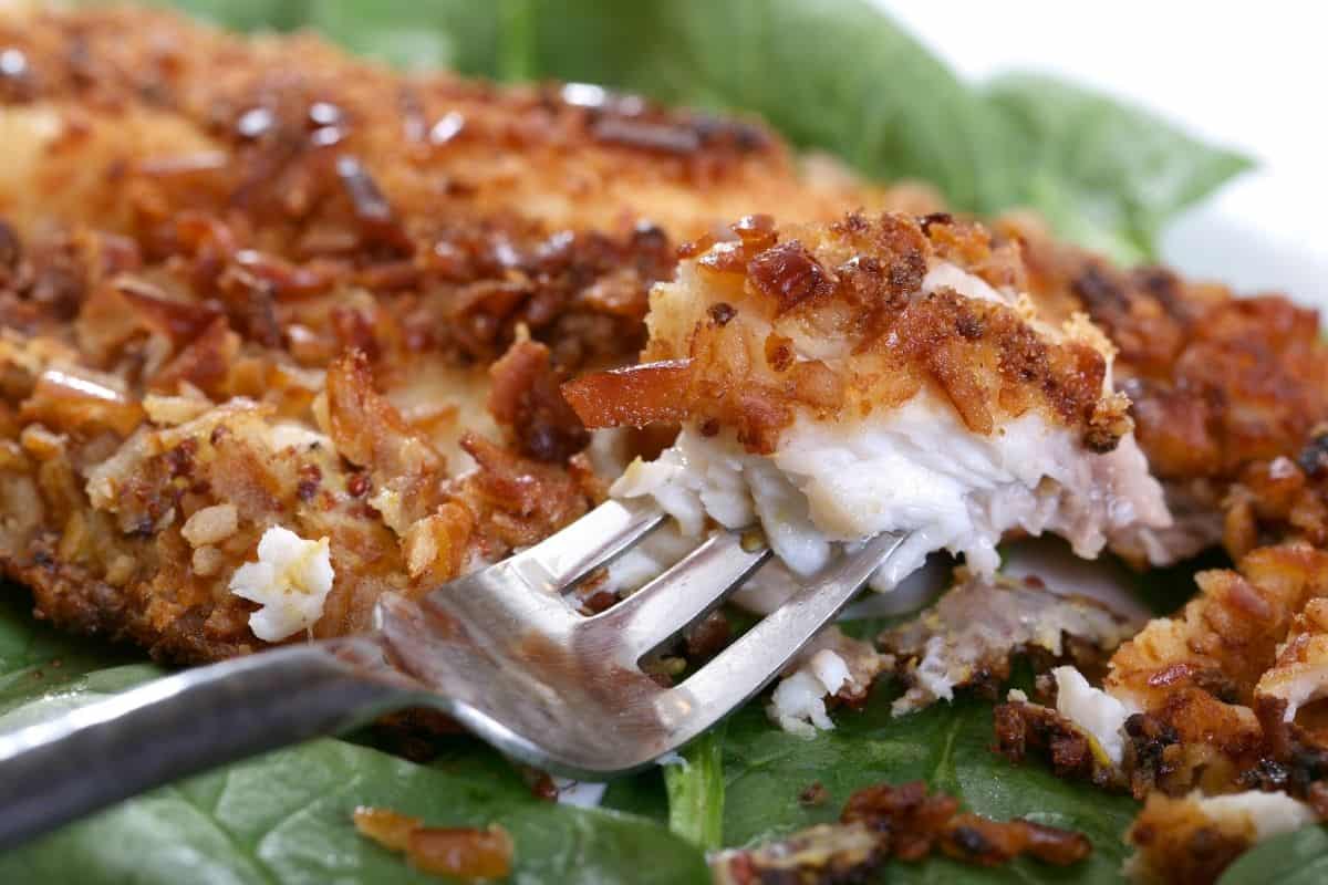 browned fish filet on lettuce with fork