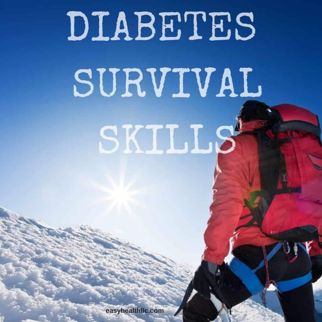 mountain climber in red jacket with graphic diabetes survival skills