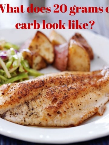 grilled fish, roasted potato cubes and slaw on white plate with graphic What does 20gm carb look like?