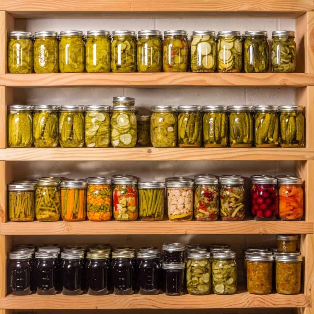 jars containing canned veggies ion wooden shelves in pantry