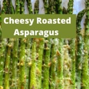 Asparagus close up with melted white cheese.