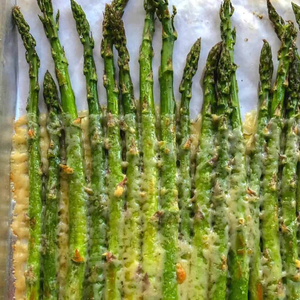 roasted asparagus spears with melted white cheese on top