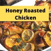 roasted chicken with sliced lemons in white casserole dish