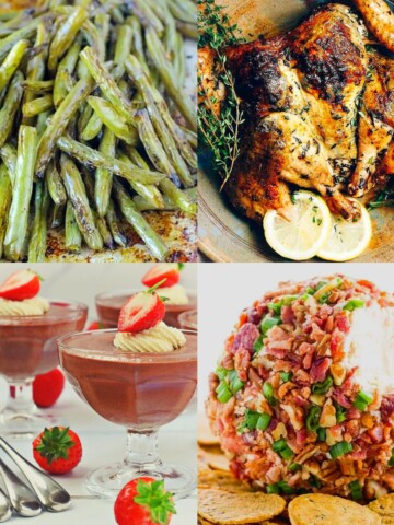 4 photos of holiday foods-green beans, roasted herbed chicken, chocolate mousse and cheese ball