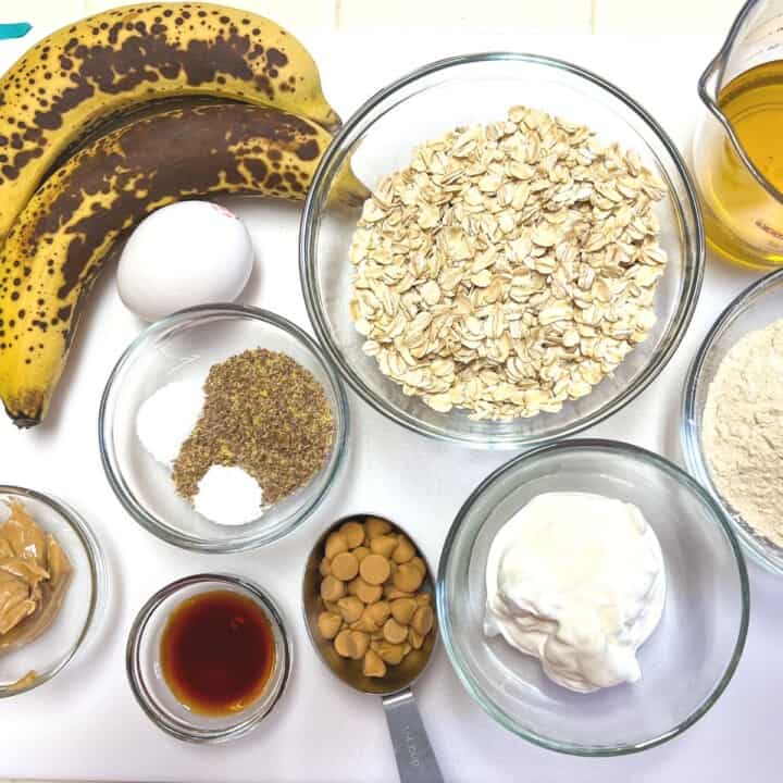 bowls of ingredients for peanut butter banana oat bars