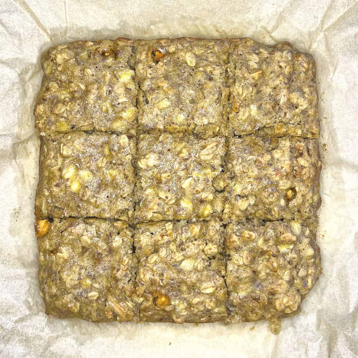 peanut butter banana oatmeal bars cut into 9 servings