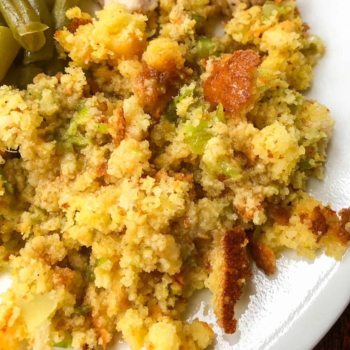 cornbread stuffing on white plate