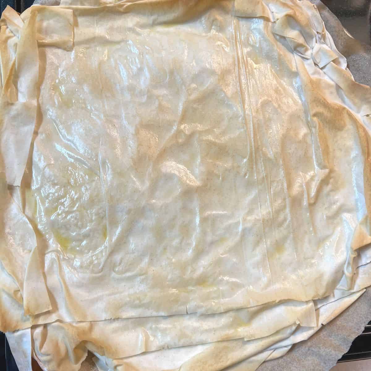 browned pre baked phyllo crust in pan