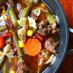 green beans, hamburger, carrots,corn soup in pot