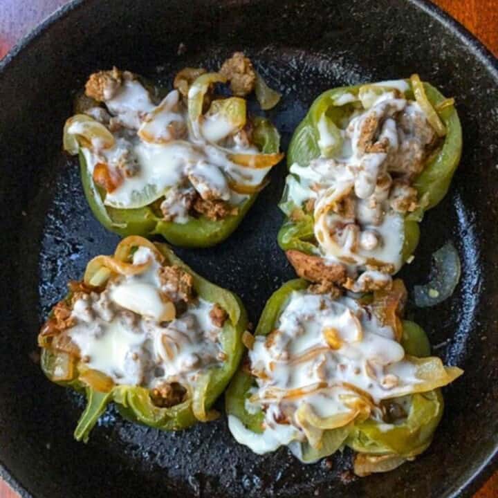 green bell peppers stuffed with philly cheesesteak