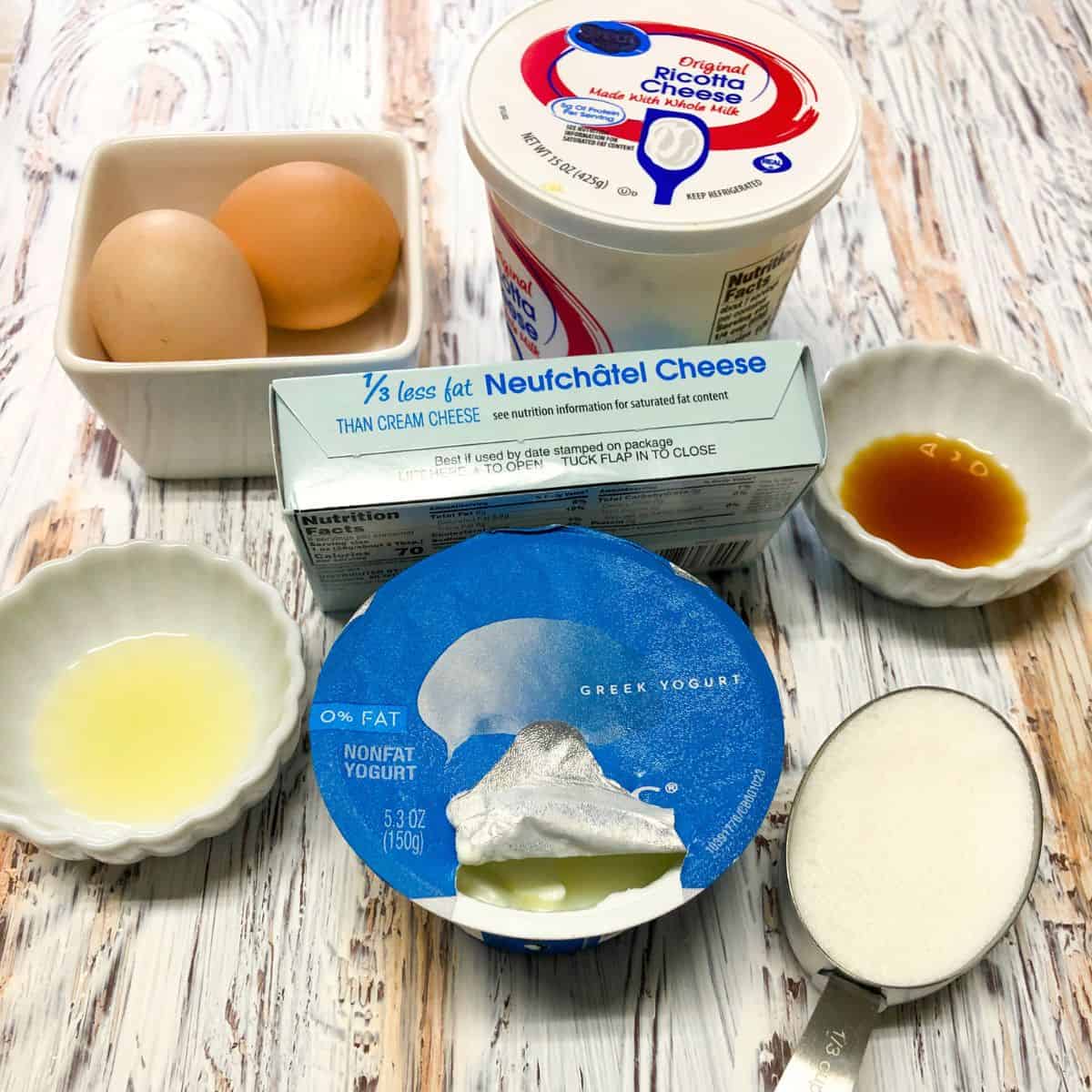 Bowls of ingredients for no crust cheesecake.