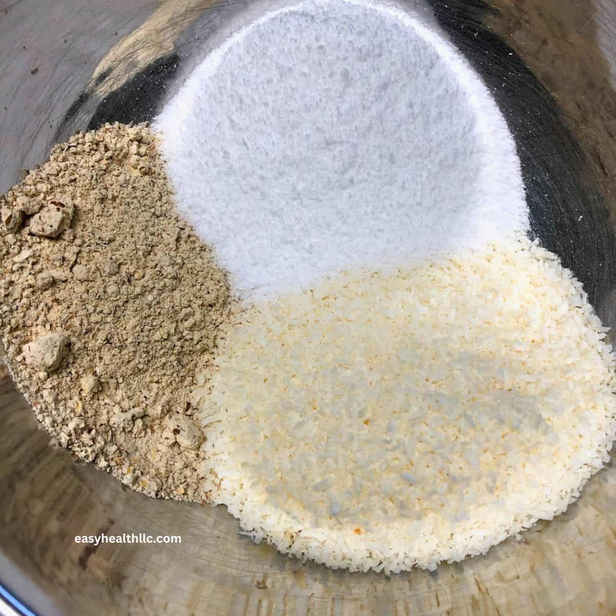 Dry ingredients for coconut pie in bowl.