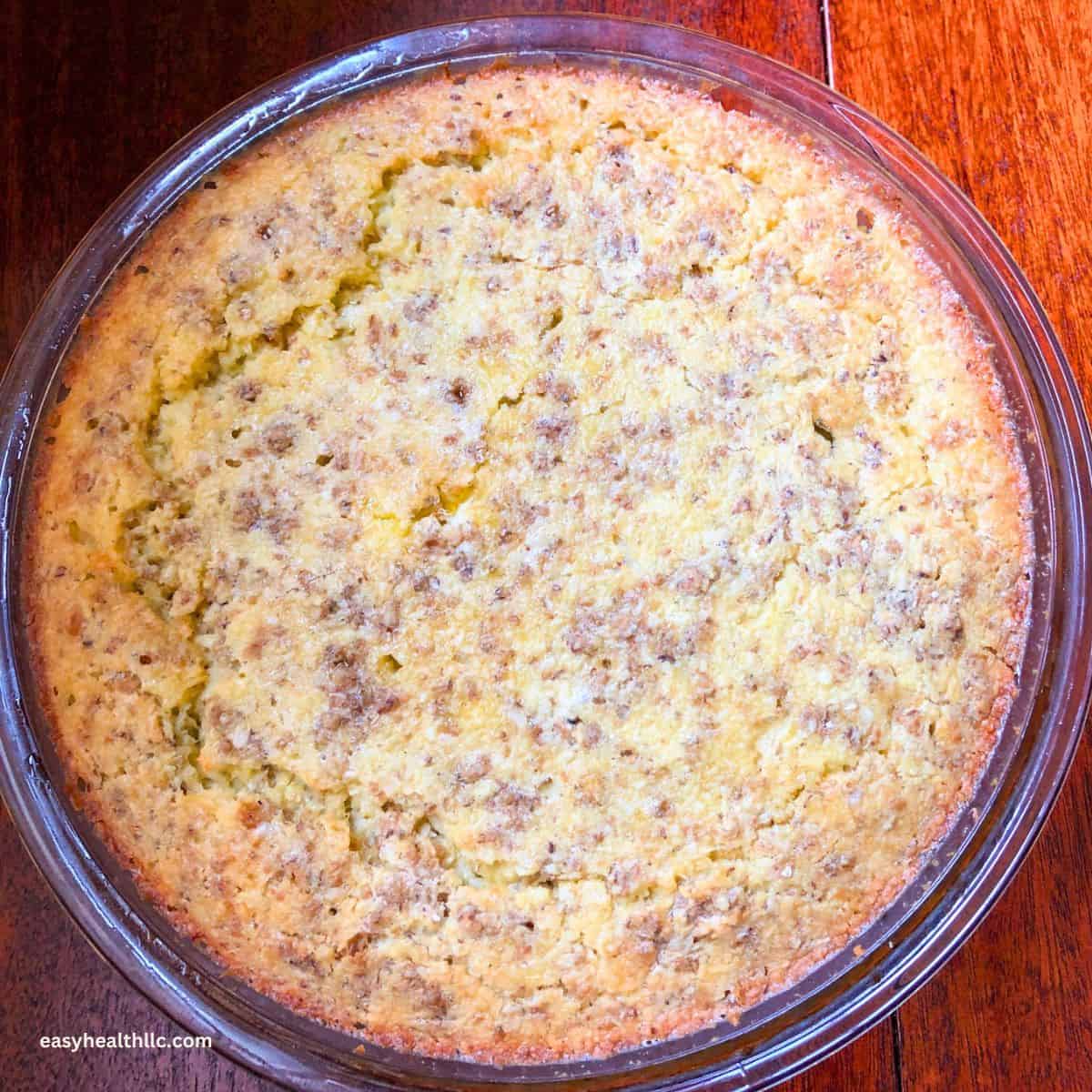 Low carb coconut pie in pan out of oven.