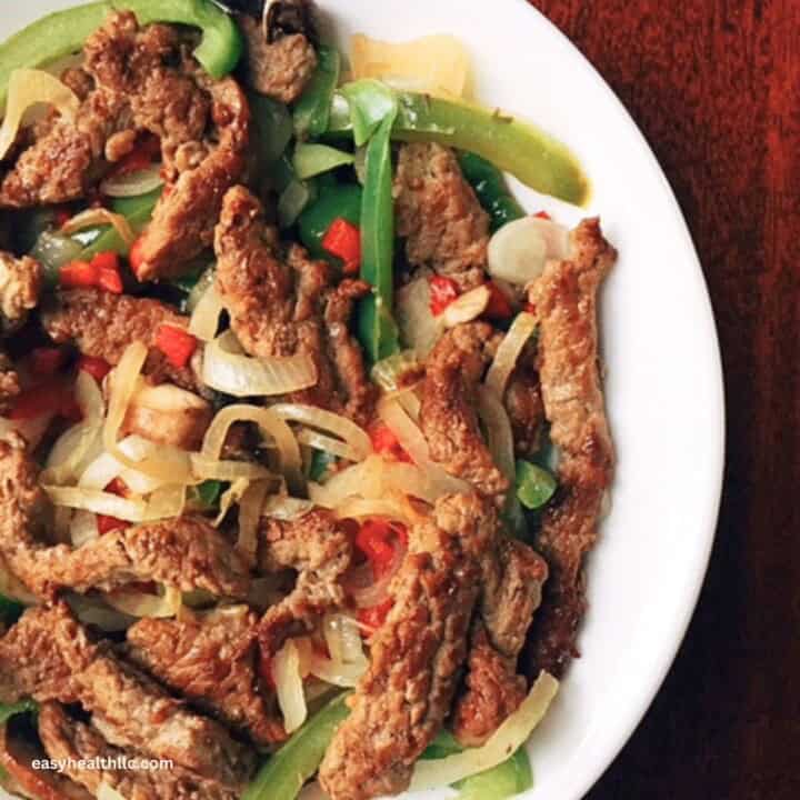 Low carb mexican fajita bowl on white plate