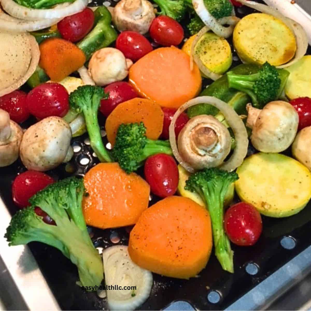 Sliced fresh veggies on grill pan.